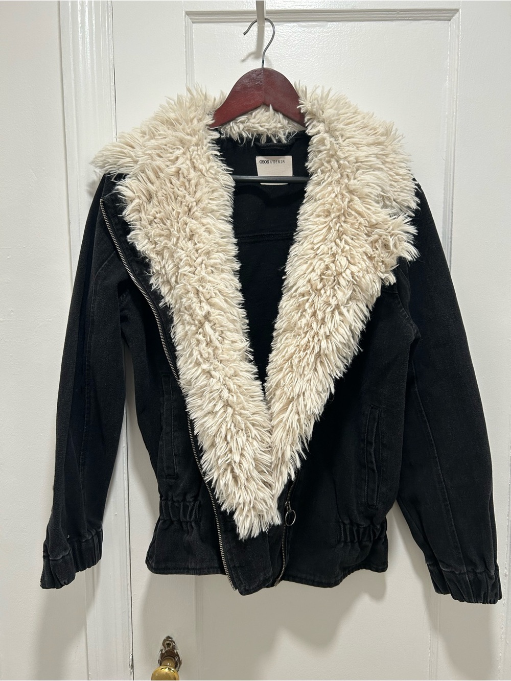 Women's Black Denim Jacket with white  Faux Fur Collar